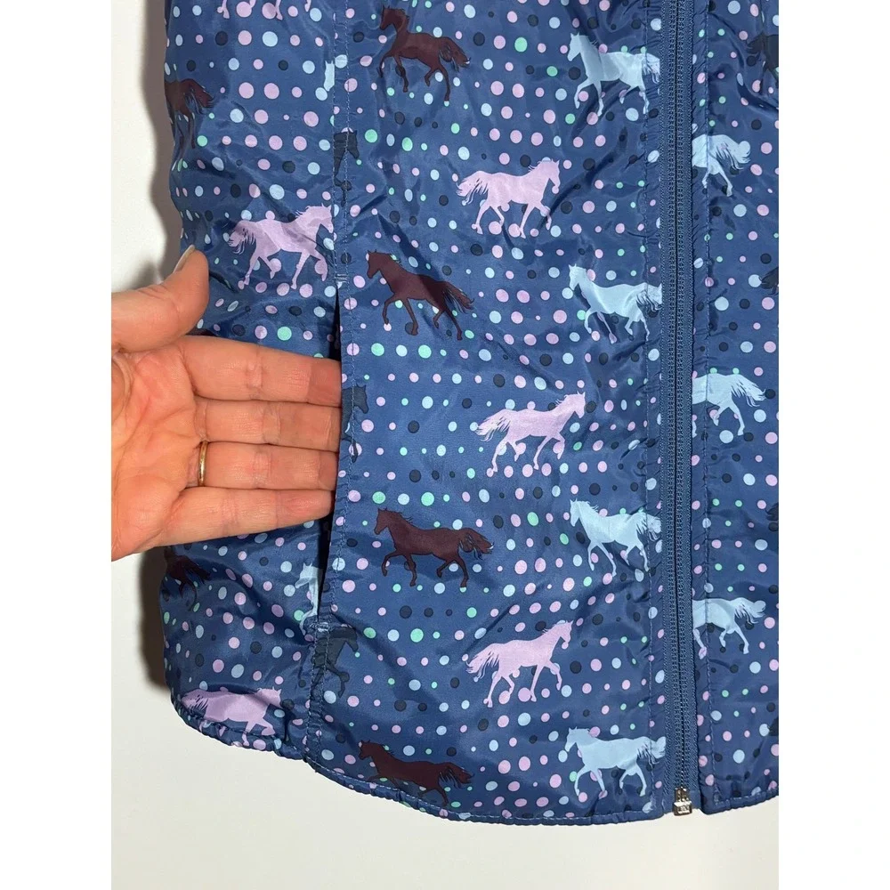 Ariat Reversible Puffer Vest Kids XL‎ 14 Blue Horse Polka Dot Print Quilted Zip